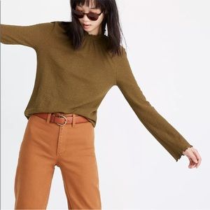 Madewell Texture & Thread Olive Green Ruffle Mock Neck Bell Sleeve Top